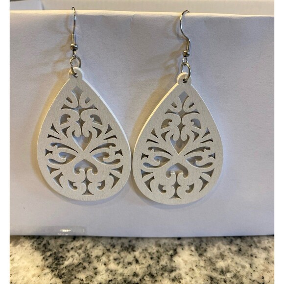 Earrings  Large Teardrop  Wooden Laser Cut White Dangle Boho Hippie Unique - Picture 1 of 4